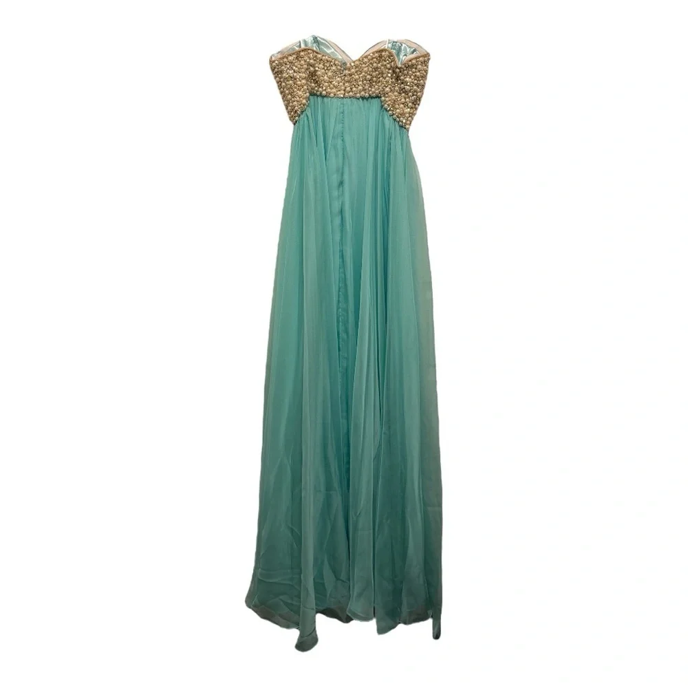 La Femme Elegant Strapless Mint Green Pearl and Gold Jeweled Top Prom Dress 8 - Picture 3 of 5